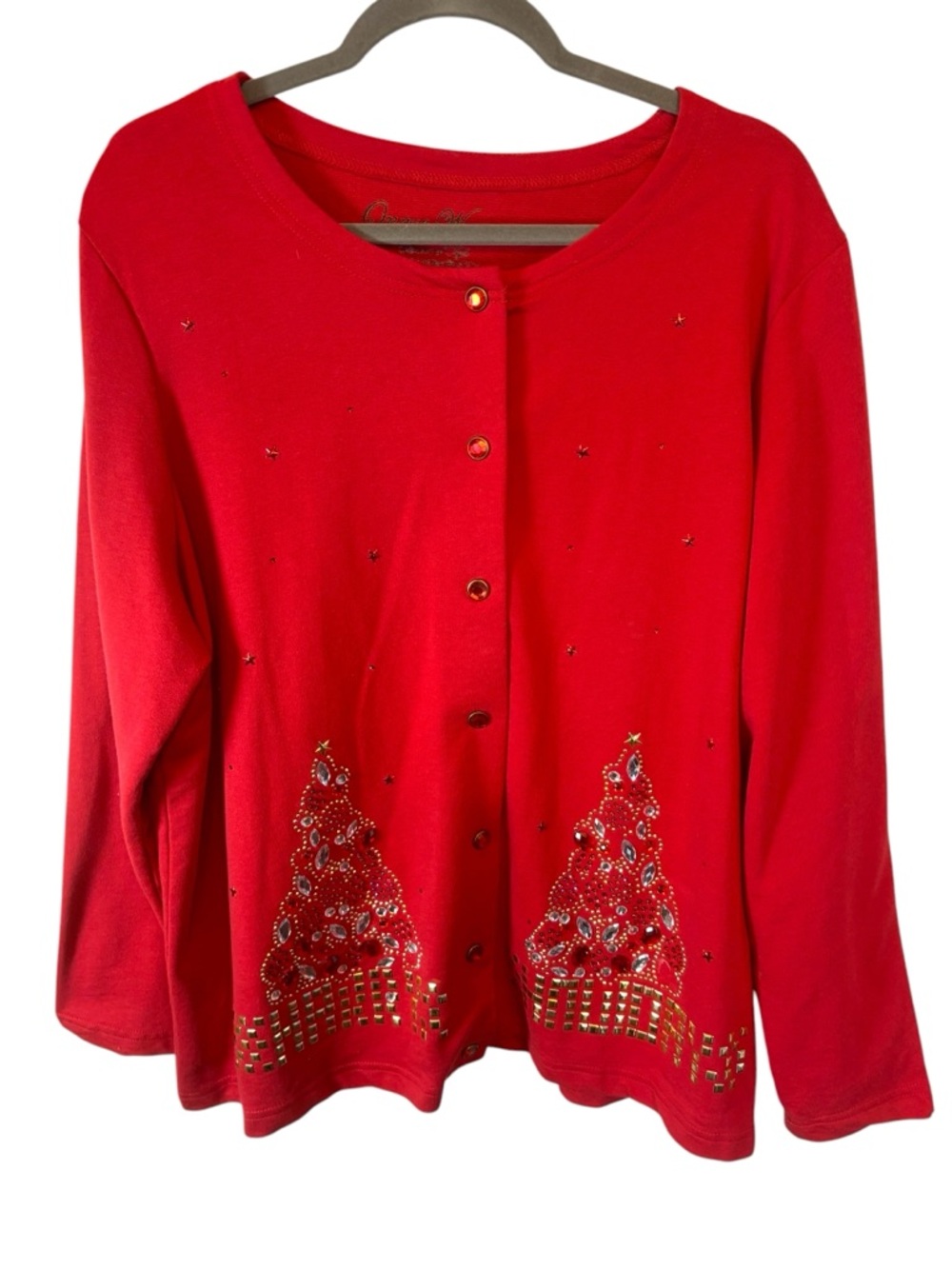Onque Woman Christmas Red Button-Front Embellished Cardigan Ugly sweater Size 1X